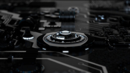 Poster - Beautiful monochrome motherboard with flashing light signals and working processors. Animation. Abstract circuit board with many moving black and white details.
