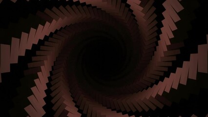 Poster - Abstract spiral shaped pattern with spinning bricks on a black background, seamless loop. Design. Slowly rotating colorful industrial whirl.