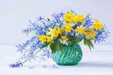 Bouquet Of Spring Flowers In A Vase On A White Wooden Table. Yellow Daffodils, Blue Scilla, Muscari, Anemones. Festive Garden Still Life, Blur.