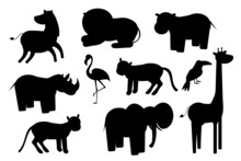 African Animals Silhouettes Set. Vector Animals Of Tropical Zone Icons Collection. EPS