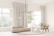 © Hanna - 3d rendering of modern living room with rounded cream sofa and marble coffee table, cornice. white wall , carpets on parquet, decor. Large windows with curtains overlooking the garden