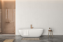 Modern Minimalist Beige Bathroom Interior, Modern Bathroom Cabinet With Interior Plants, Bathroom Accessories . 3d Rendering
