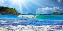 Beautiful Bay With Big Waves, Unrecognizable One Lonely Surfer, Morning Sun Rays - Pataua, New Zealand