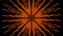 Abstract Geometric Kaleidoscope Pattern On Black Background. Animation. Multicolored Hypnotic Motion Graphics Backdrop With Orange Spirals With Moving Shadows Into The Central Spot.