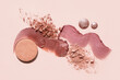 © Николай Амосеев - Cosmetics swatches. Peach, beige, red and coral toned styled cosmetics flat lay. Closeup colour palette. Creative concept photo of cosmetics samples. Beauty products on pastel background