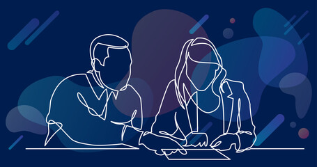 Poster - continuous line drawing of man instructing woman on work place