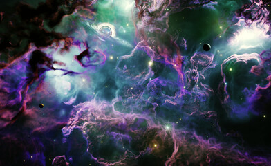 nebula in outer space, planets and galaxy
