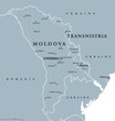 © Peter Hermes Furian - Moldova and Transnistria, gray political map. Republic of Moldova, with capital Chisinau, and Pridnestrovian Moldavian Republic, PMR, a disputed and unrecognized breakaway state with capital Tiraspol.