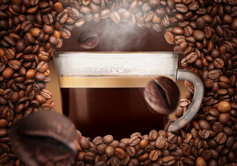 Collage with cup of hot coffee and roasted beans on brown background