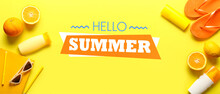 Set Of Female Beach Accessories And Orange Fruit With Text HELLO SUMMER On Yellow Background