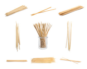 Set of wooden skewers isolated on white