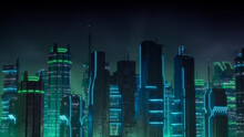Cyberpunk City Skyline With Green And Blue Neon Lights. Night Scene With Futuristic Architecture.
