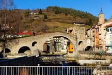 Picturesque View Of Small Town Of Camprodon With Pont Nou Old Bridge Over Ter River, Girona, Spain