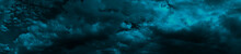 Heavy Gloomy Dull Thunderclouds. Dark Teal Dramatic Night Sky. Storm. Toned Cloudy Sky Background With Space For Design. Web Banner. Wide. Panoramic. Website Header. Moonlight.