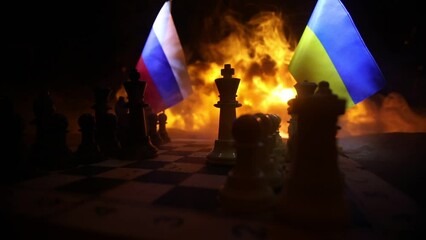 Wall Mural - War between Russia and Ukraine, conceptual image of war using chess board, soldiers and national flags on the background of explosion. Ukrainian and Russian crisis. Selective focus