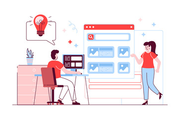 Poster - designer studio concept in flat line design. man and woman working together at creative project, gen