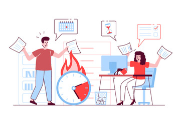 Deadline at office concept in flat line design. Worried man and woman rush to complete tasks from list, time is counting down for busy team. Vector illustration with outline people scene for web