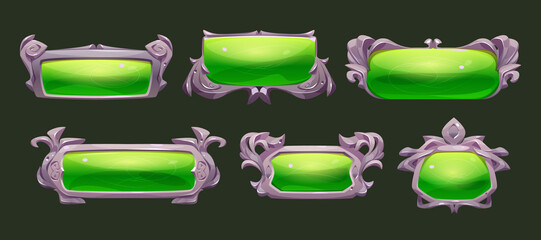 Poster - game ui frames, green medieval borders with metal silver vignette. interface menu buttons, empty roy