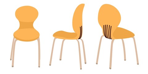 Three yellow plastic chairs from different angles. Furniture for a cafe, restaurant or dining room, Meeting room. Talking together concept. Flat style in vector illustration. Isolated elements.