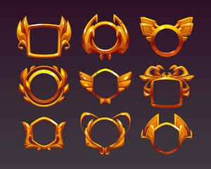 Poster - Ui game frames, gold textured round, square and hexagon borders with ornate rims and decor. Cartoon isolated graphic design gui elements for medieval rpg game or app, Vector illustration, set