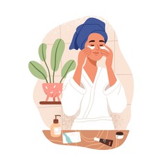 woman applying collagen patch on skin under eye. female skincare beauty routine with moisturizing, r