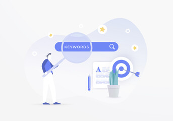 Fototapete - SEO Keyword Research illustration. Analysis popular search terms for search engine optimization. On-page content optimization with keyword ranking tools flat design vector concept.