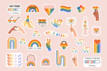 Vector Set Of LGBTQ Community Symbols With Retro Rainbow Flag Colored Elements, Pride Symbols, Gender Signs. Pride Month Slogan And Phrases Stickers. Gay Parade Groovy Celebration. Illustration.