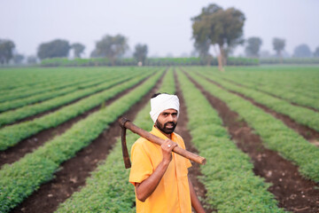 Indian farmers using spades working in a farm