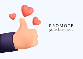 Poster - hand symbol like approved and red heart love. realistic 3d cartoon style design. social media creati