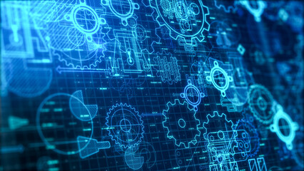 futuristic mechanical project blueprint, technical documentation, engineering computer drawing (3d render)