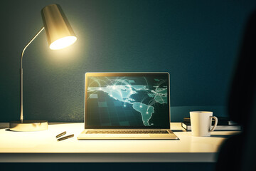 Poster - Abstract digital world map with connections on modern computer monitor, big data and blockchain concept. 3D Rendering