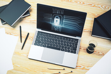 Poster - Modern computer monitor with creative lock hologram and chip. Information security concept. 3D Rendering