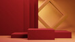 3D rendering of red podium with golden light background. Beautiful red stage with golden background. Red stage with golden luxury background.