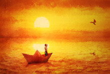 Beautiful Painting With A Boy Floating In A Paper Boat. Dreamy Sailing With Golden Sunset Reflecting On The Calm Ocean Water. Surreal  Seascape, Nautical Journey And Adventure Concept