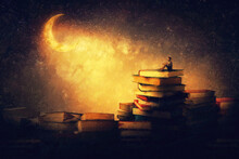Wonderful Painting With A Boy Sitting On A Stack Of Books Under The Starry Night Sky Looking A The Marvelous Crescent Moon. Magic Dreamland Adventure Scene. The Reader Diving Into Fable Worlds