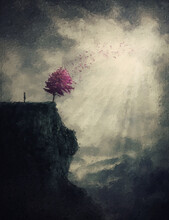 The Tree Of Life Conceptual Painting With A Person Silhouette Found A Surreal Purple Tree On The Edge Of A Cliff. Wonderful Scene, Adventure Concept. Magical Discover