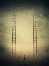Surreal Painting With Two Identical Ladders Leading Up To The Sky. Stairway To Heaven, Choice Concept. Failure And Success, Difficult Decision, Life Dilemma
