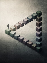 Surreal Painting Illusion Of A Man Lost On A Penrose Triangle. Infinity Route Concept, Optical Maze