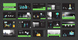 © VASYL - Business presentation, powerpoint, launch of a new business project. Infographic design template, green elements, black background, set. A team of people creates a business, teamwork. Mobile app, web