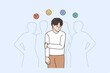 Sad guy feel lonely and uncomfortable in society. Unhappy young man suffer from solitude and loneliness in crowd, have various emotions. Frustration and depression. Vector illustration. 