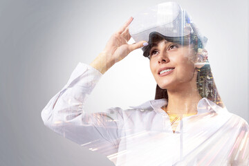 Aufkleber - Pretty happy young european woman with VR glasses on abstract light white city background. Virtual reality and experience concept. Double exposure.