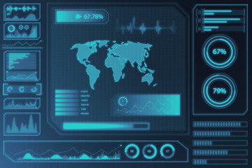 Poster - Glowing digital business screen interface wallpaper with globe and charts. Spy, hud and world concept. 3D Rendering.