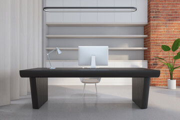 Poster - Clean concrete designer office interior with furniture, equipment and city view. Workspace concept. 3D Rendering.