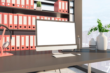 Aufkleber - Close up of empty white computer monitor in modern office. Mock up and online advertisement concept. 3D Rendering.