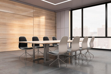 Poster - Bright glass partition meeting room interior with furniture and equipment. 3D Rendering.