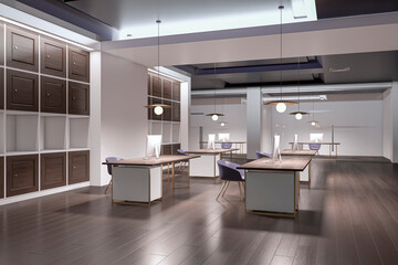 Poster - Bright wooden and concrete coworking office interior with furniture and equipment with night lights. 3D Rendering.
