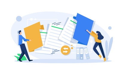 Poster - office worker holding giant folder for storing papers. modern concept of file management system, onl