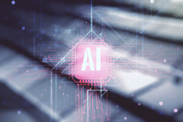 Aufkleber - Creative artificial Intelligence symbol hologram on abstract metal background. Double exposure