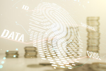 Aufkleber - Multi exposure of virtual creative fingerprint hologram on growing stacks of coins background, personal biometric data concept