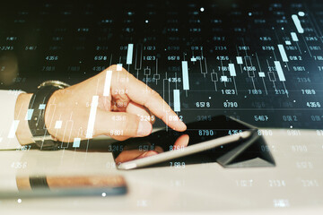Poster - Multi exposure of creative statistics data hologram with finger presses on a digital tablet on background, stats and analytics concept